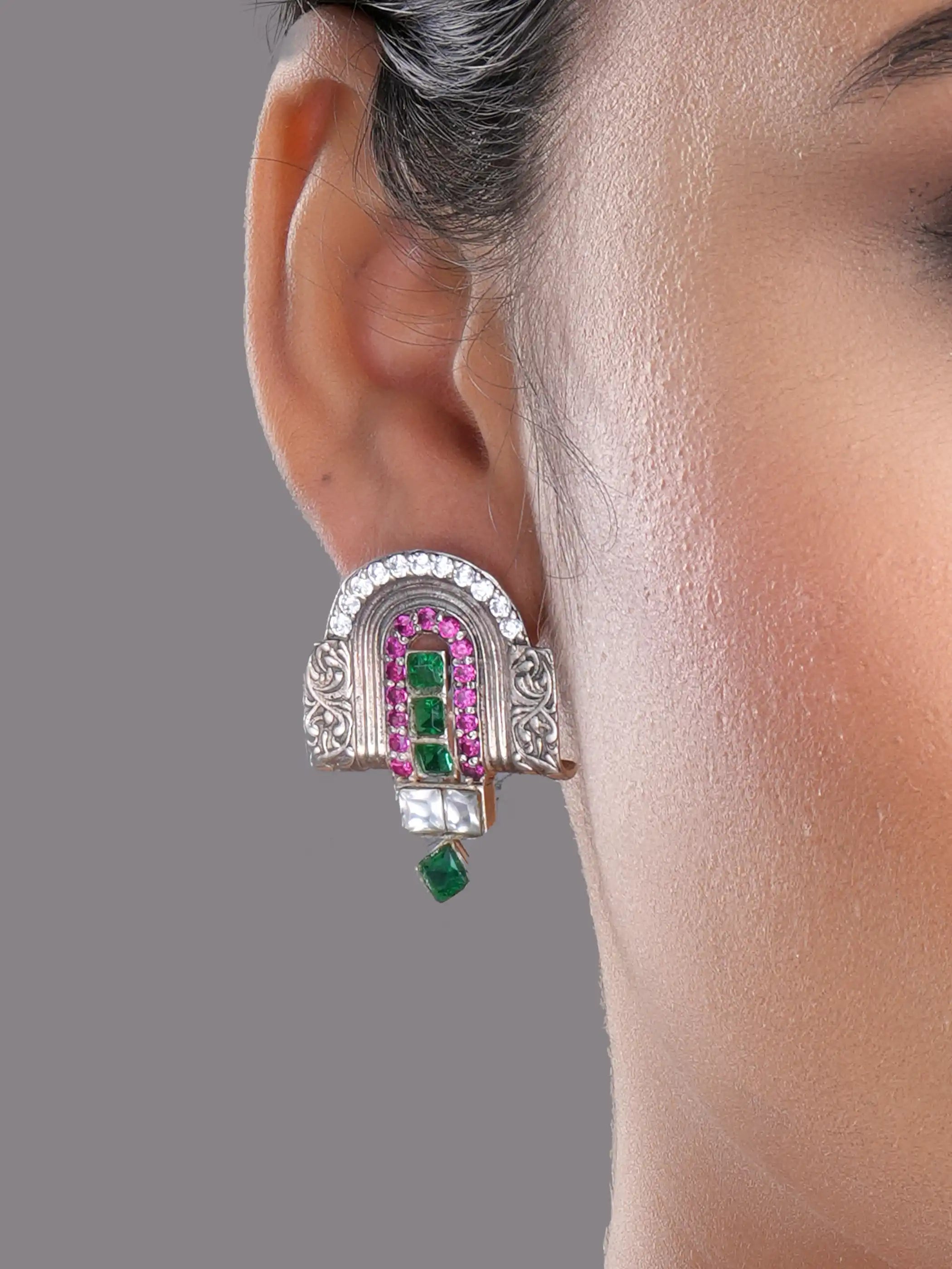 925 silver temple-inspired earrings with green emerald, ruby pink, and white stones in intricate design
