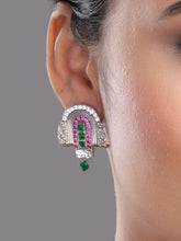 925 silver temple-inspired earrings with green emerald, ruby pink, and white stones in intricate design
