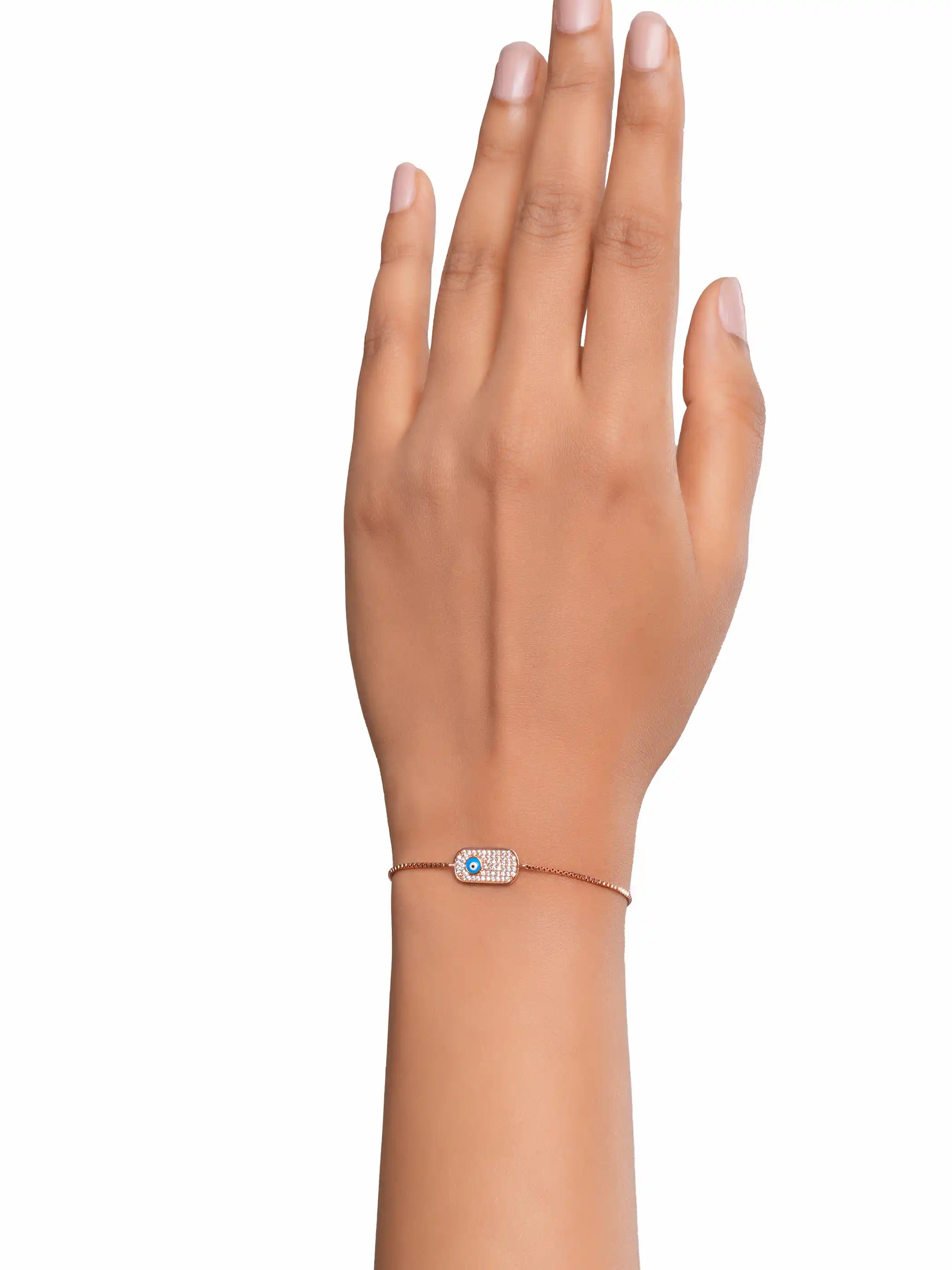 Rose gold plated 925 silver adjustable bracelet with rectangular cubic zirconia plate and blue evil eye charm