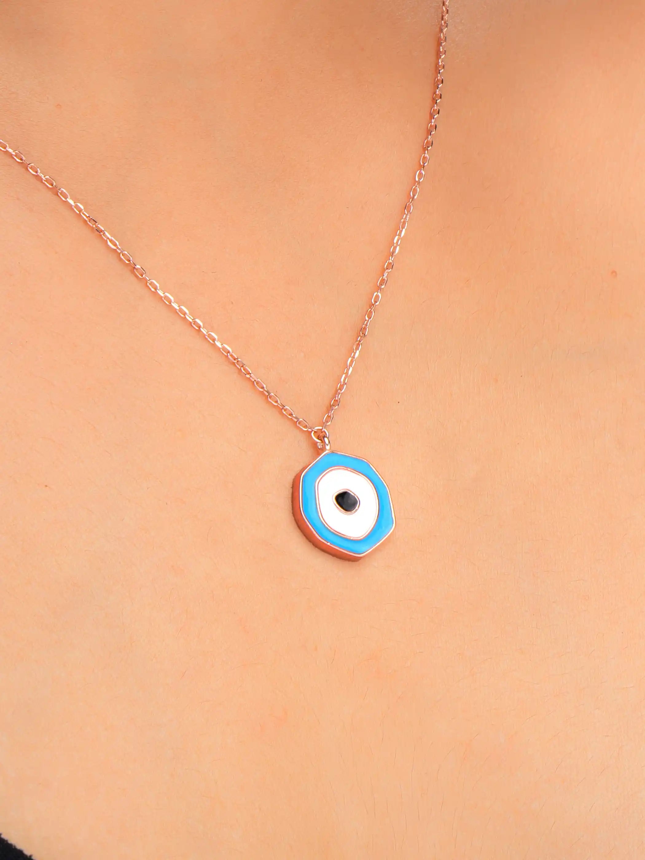 Rose gold plated 925 silver necklace with a hexagon evil eye pendant, minimal enamel detailing for a chic protective look
