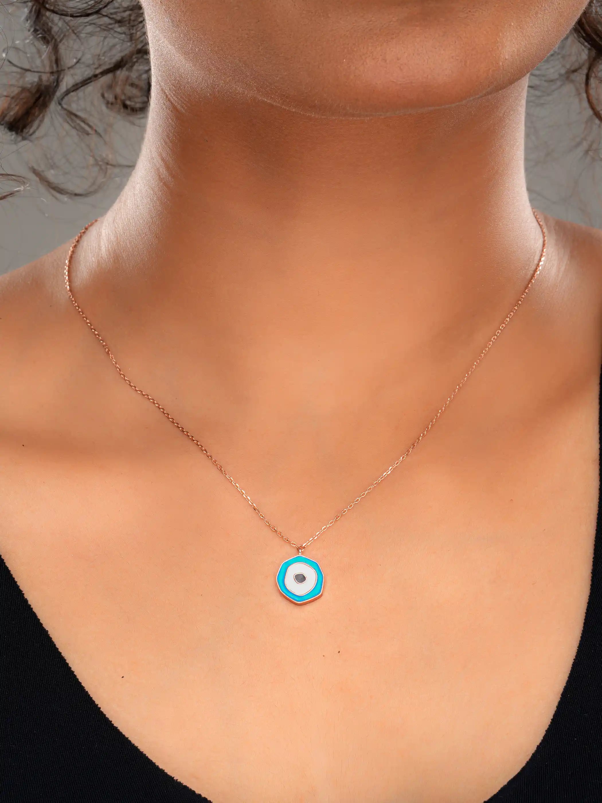 Rose gold plated 925 silver necklace with a hexagon evil eye pendant, minimal enamel detailing for a chic protective look