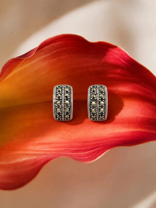 Dark-Detailed Marcasite Grid Stud Earrings