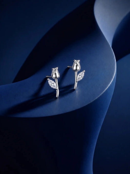 Sculpted Rosebud Leaf Stud Earrings