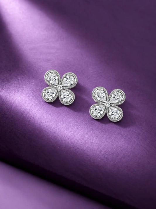 Four-Petal Clear-Stone Floral Stud Earrings