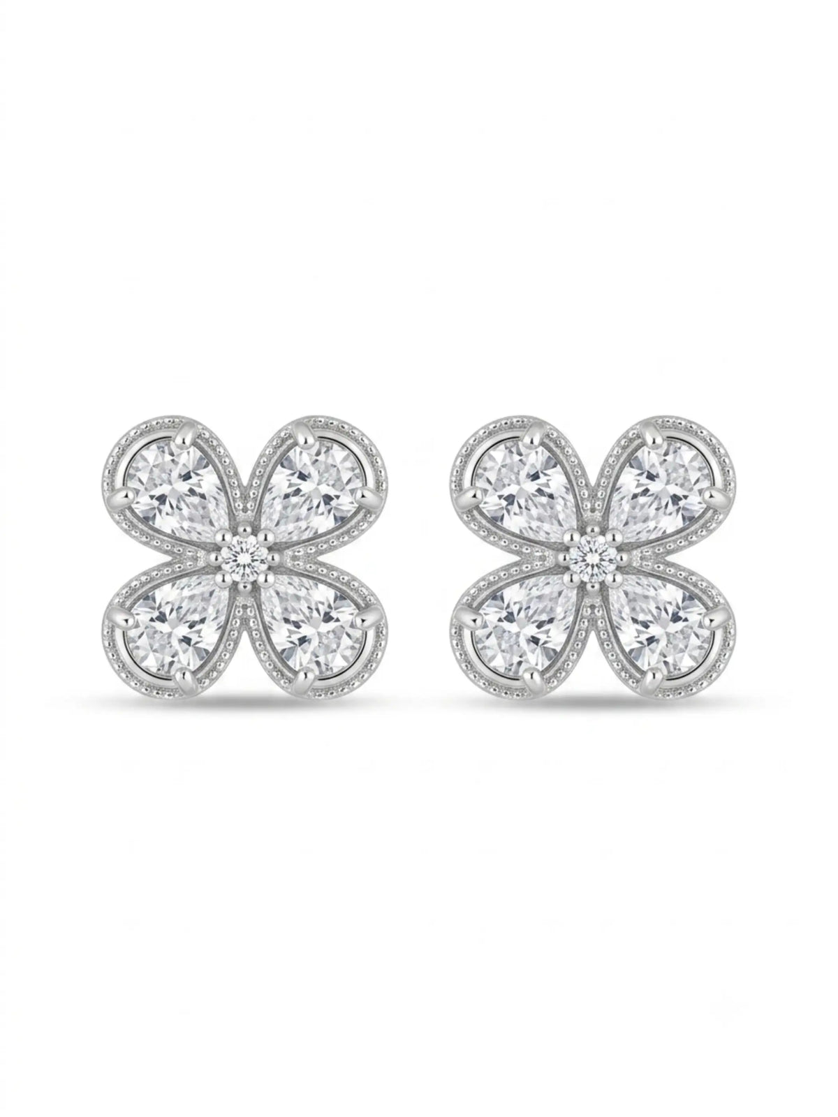 Four-Petal Clear-Stone Floral Stud Earrings