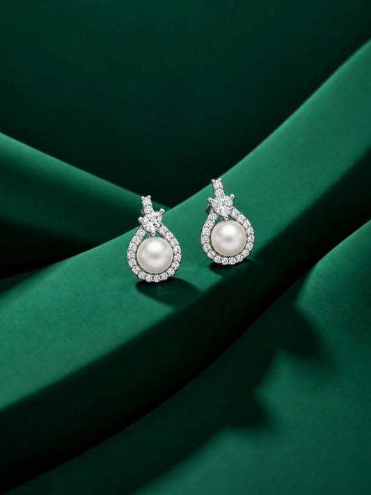 Teardrop Halo Ivory-Orb Stud Earrings