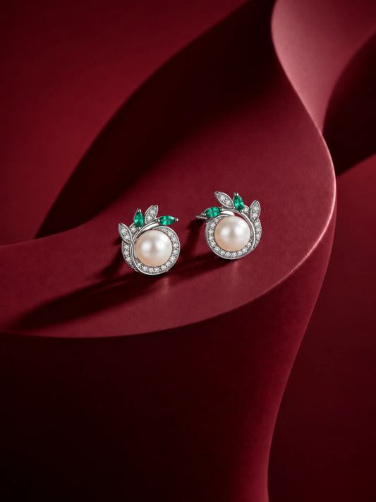 Green-Leaf Ivory-Orb Stud Earrings