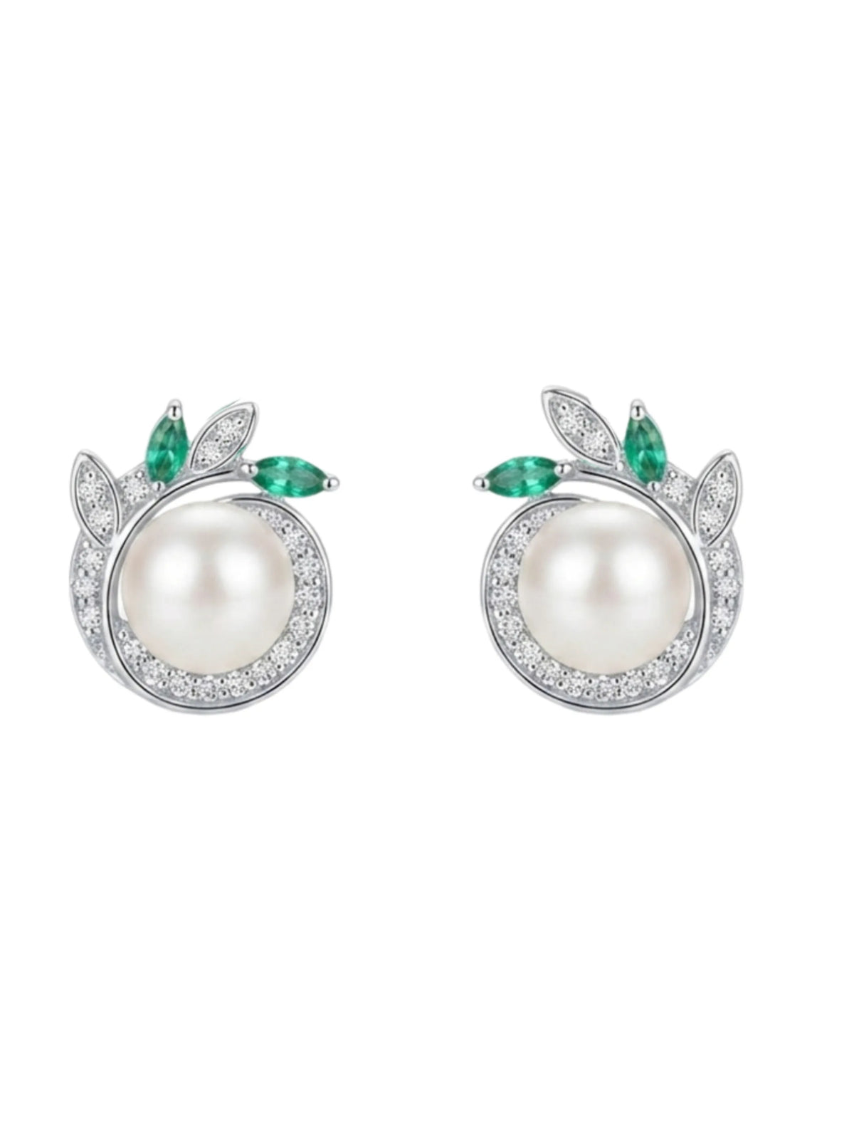 Green-Leaf Ivory-Orb Stud Earrings