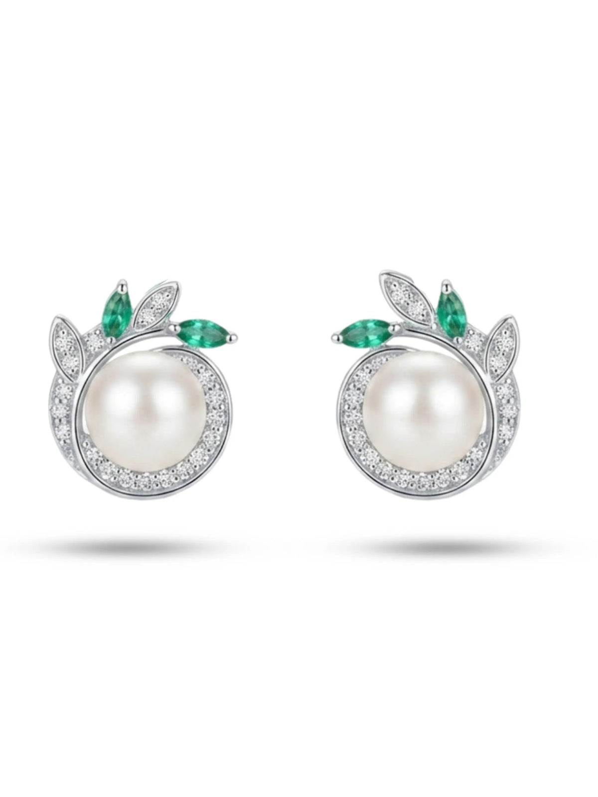Green-Leaf Ivory-Orb Stud Earrings