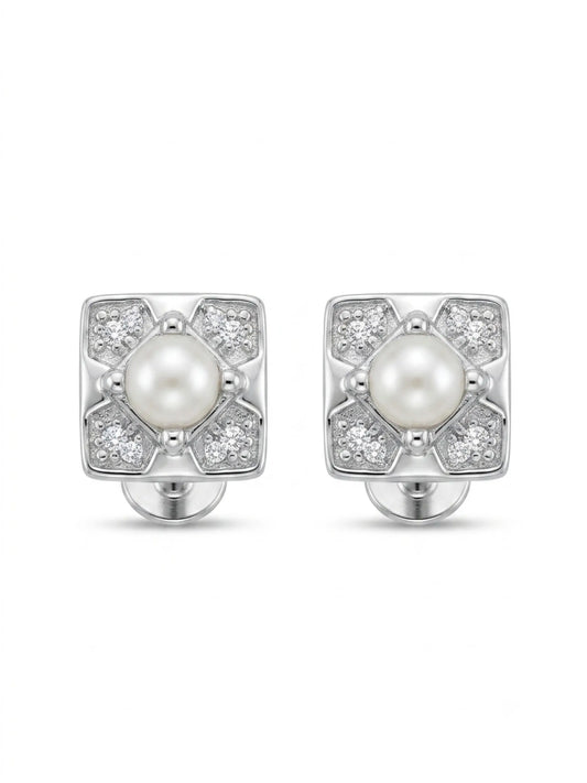 Geometric Square Ivory-Orb Stud Earrings