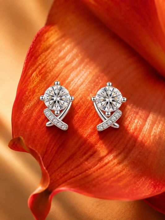 Crossed Ribbon Solitaire Stud Earrings
