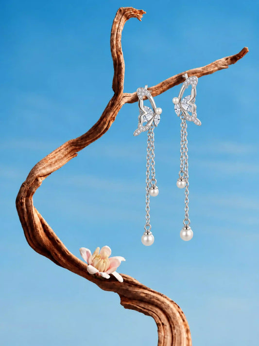 Butterfly Pearl Chain Earrings