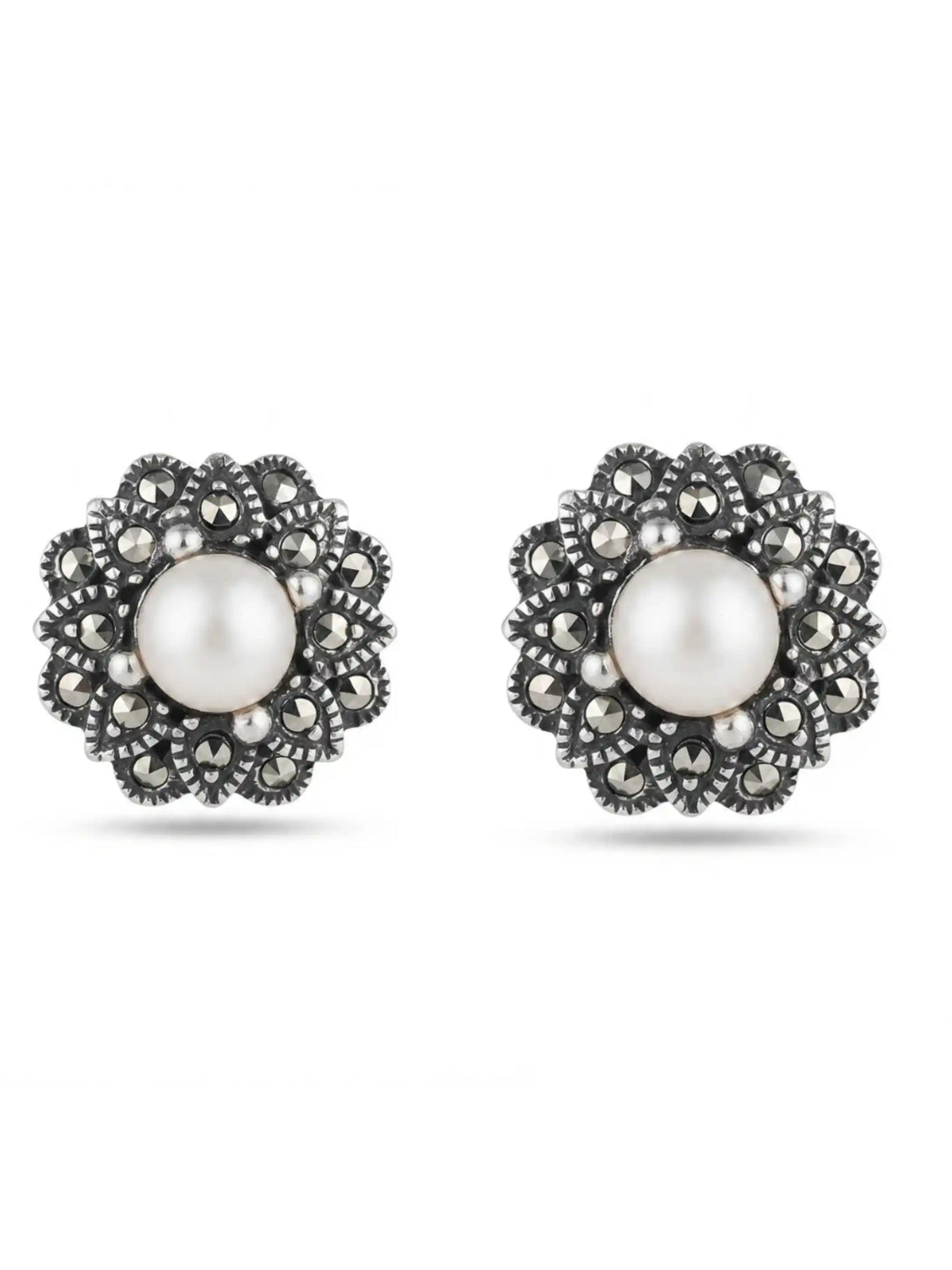 Ivory Bead Marcasite Rosette Stud Earrings
