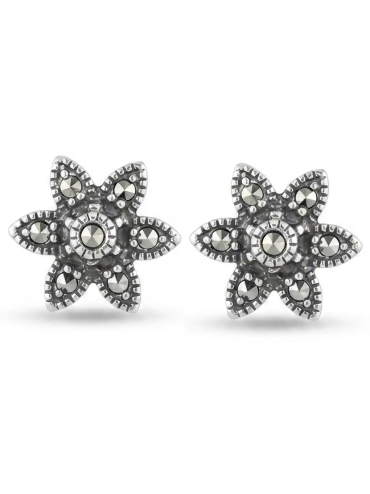 Six Petal Marcasite Flower Stud Earrings