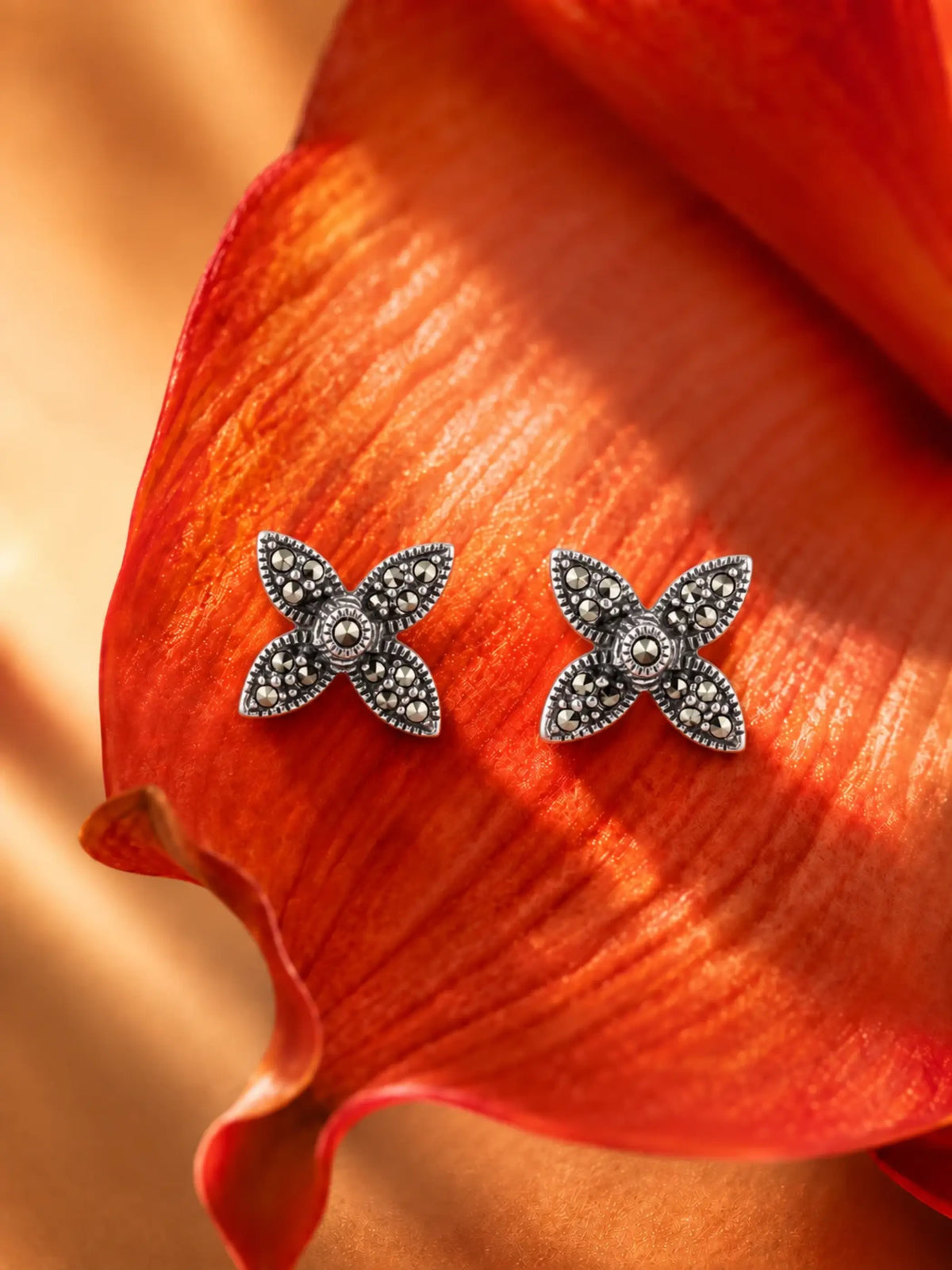 Four Wing Marcasite Butterfly Stud Earrings