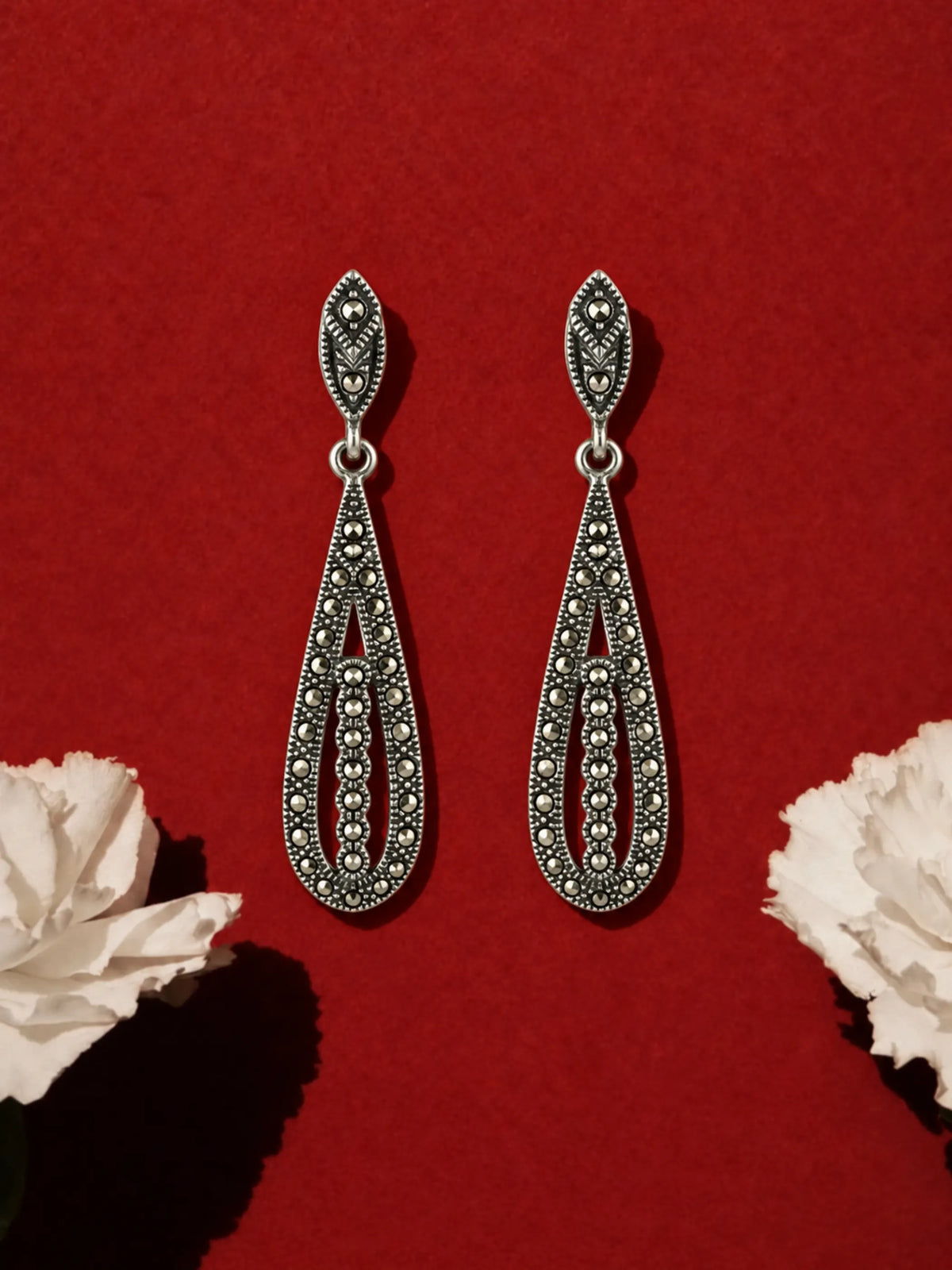 Marcasite Openwork Long Drop Earrings