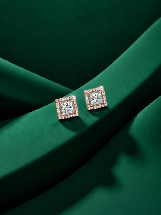 Rose-Gold Plated Square Halo Stud Earrings