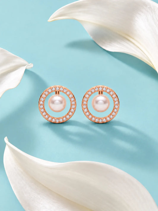 Rose Tone Pearl Orbit Stud Earrings