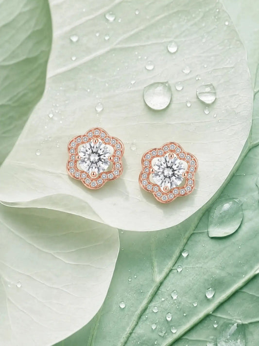 Rose Tone Scalloped Halo Stud Earrings