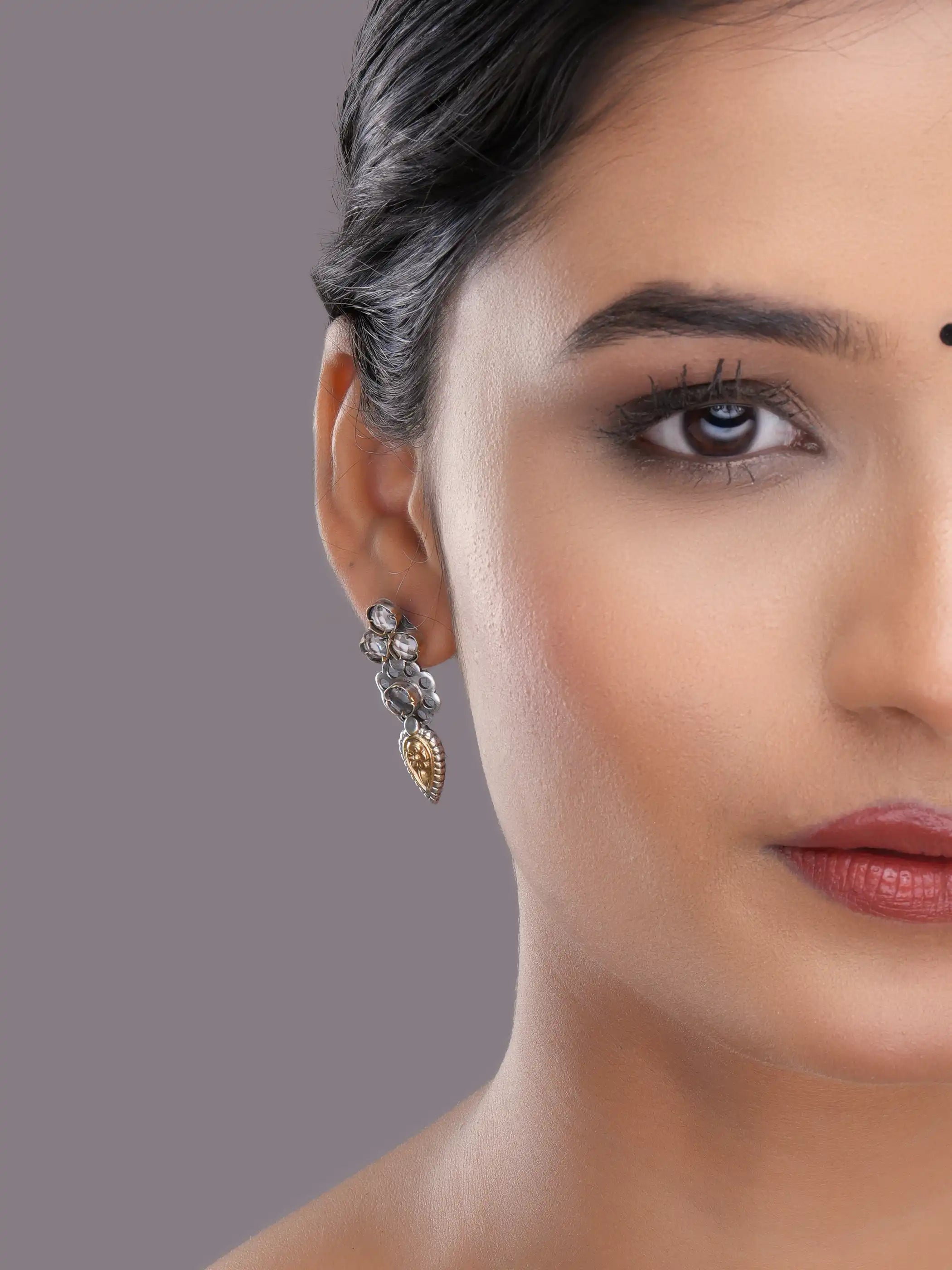 925 silver floral drop earrings with faceted crystal clusters, gold-plated detailing, and oxidized finish