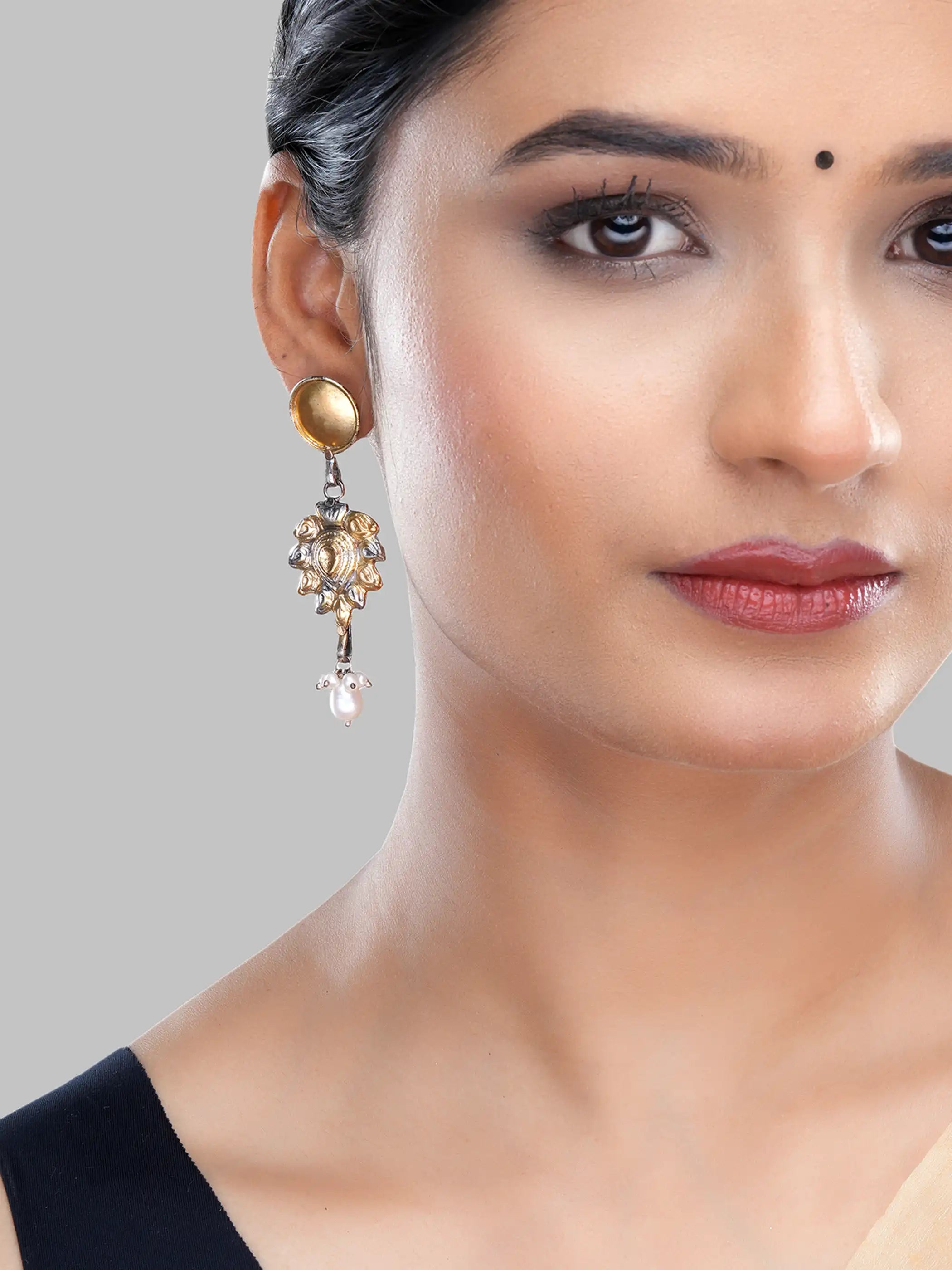 925 silver dual-tone floral drop earrings with gold accents, oxidized detailing, and pearl danglers