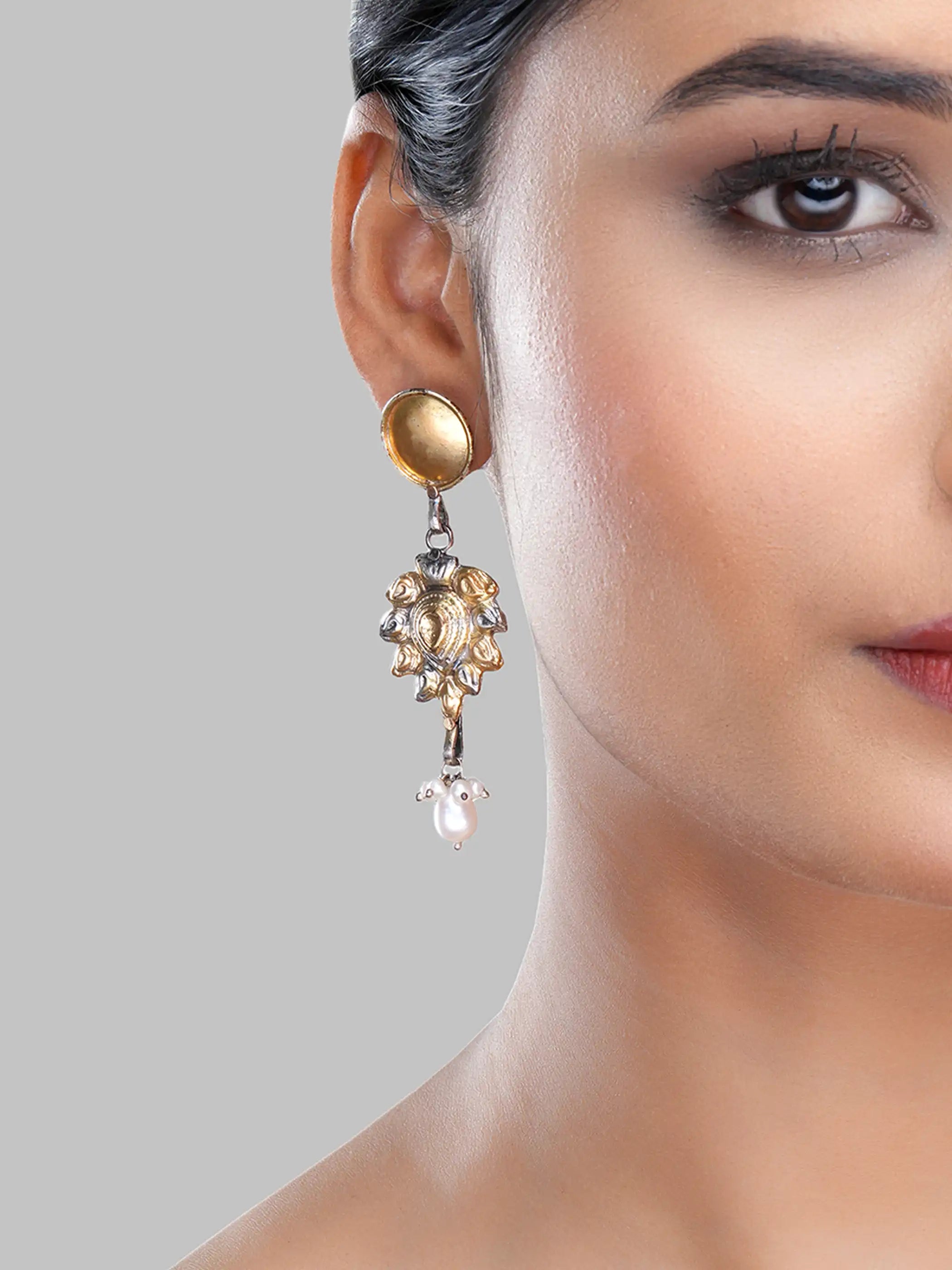 925 silver dual-tone floral drop earrings with gold accents, oxidized detailing, and pearl danglers