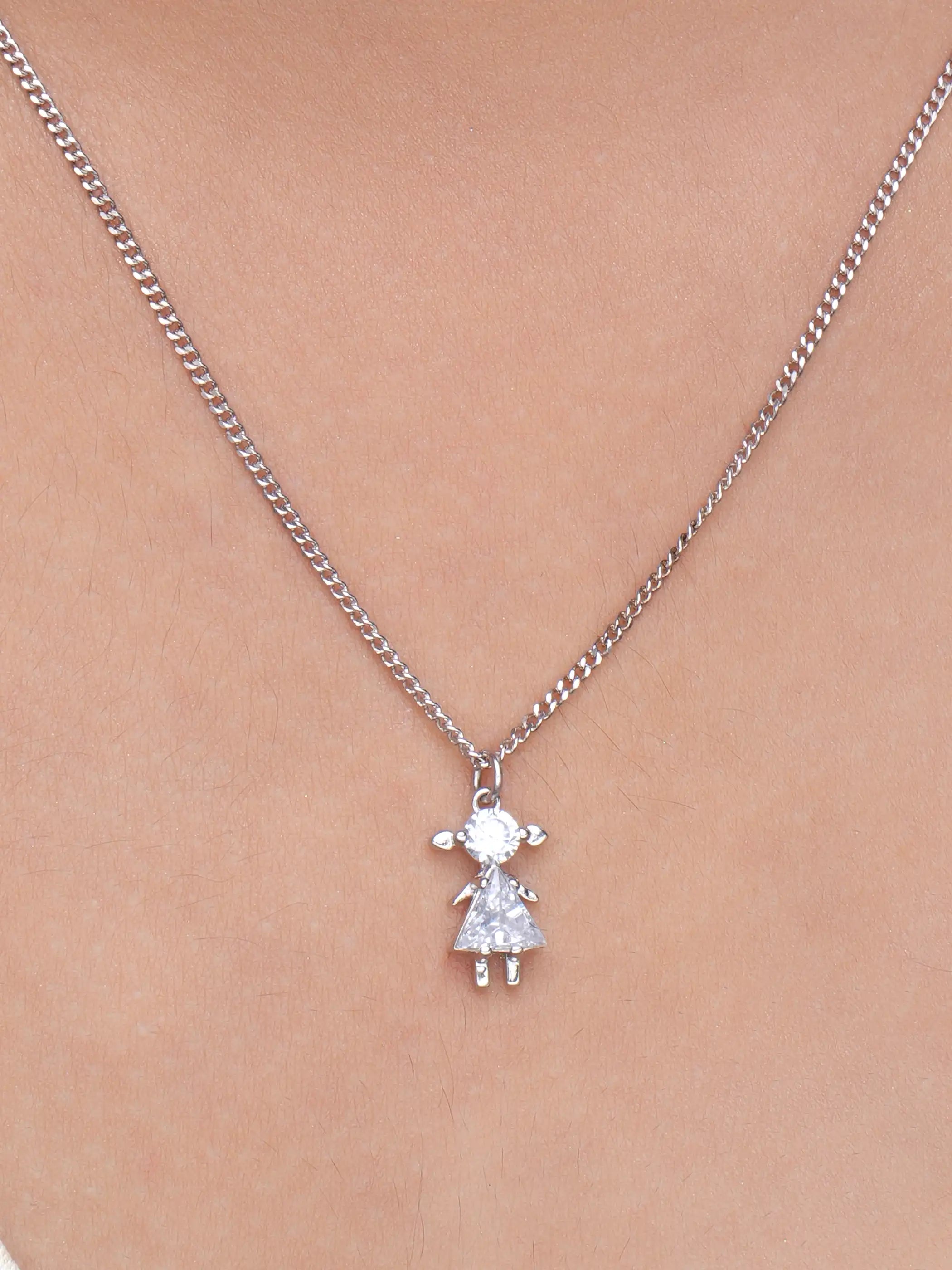 925 silver girl motif pendant necklace with crystal detailing on a fine chain