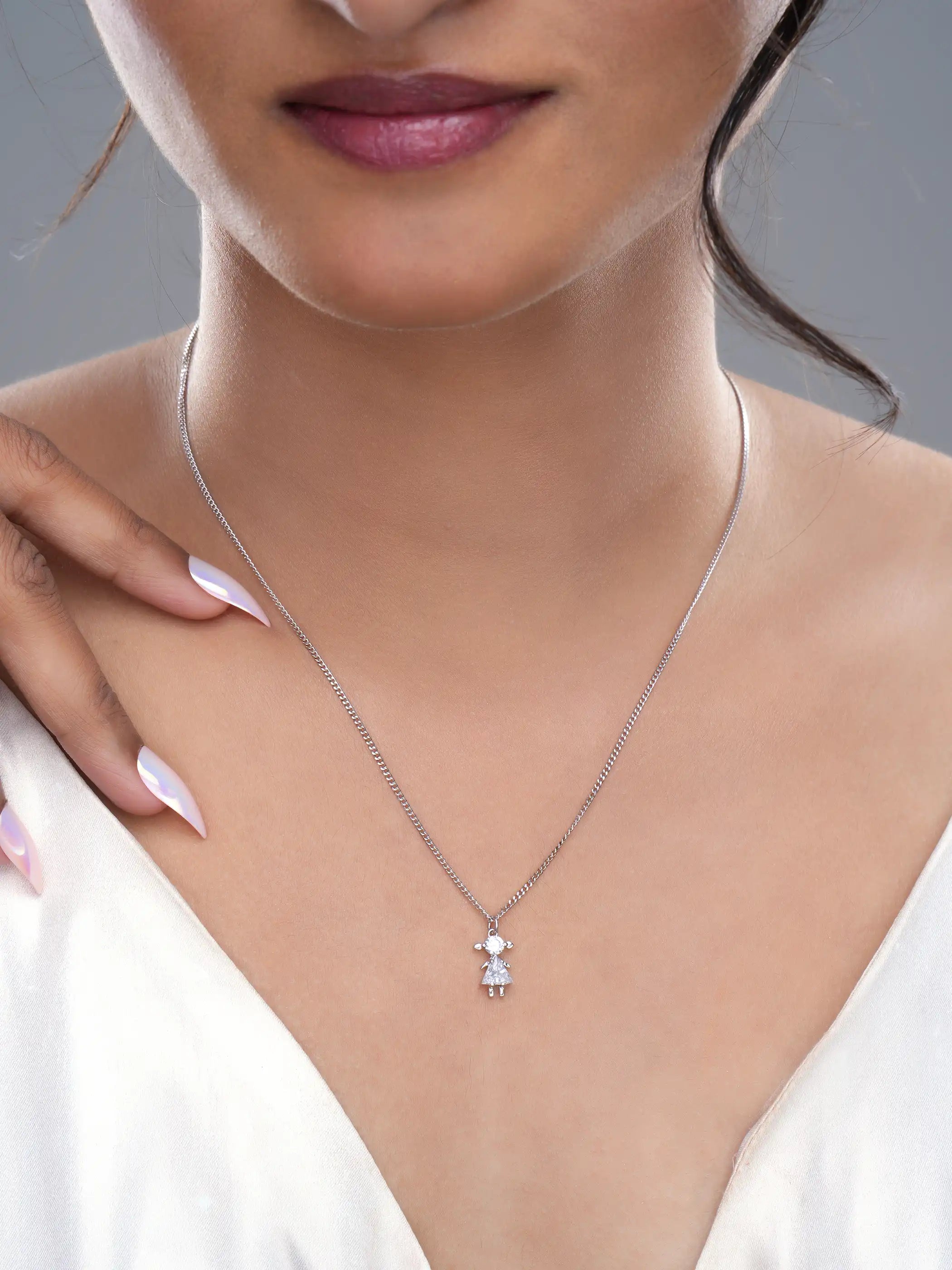 925 silver girl motif pendant necklace with crystal detailing on a fine chain