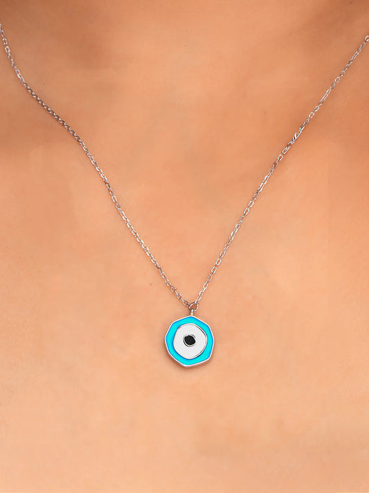 925 silver necklace with a hexagon-shaped blue evil eye pendant, minimal design for everyday protection and style