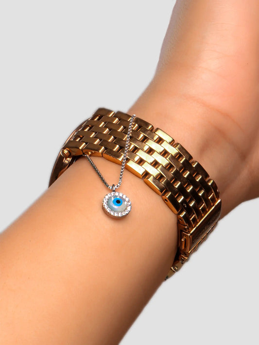 925 silver necklace with round blue evil eye pendant framed by sparkling crystals for a protective and stylish charm