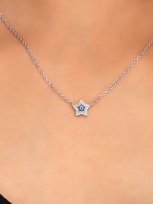 925 silver star-shaped evil eye necklace with crystal detailing on a delicate chain for charm and protection