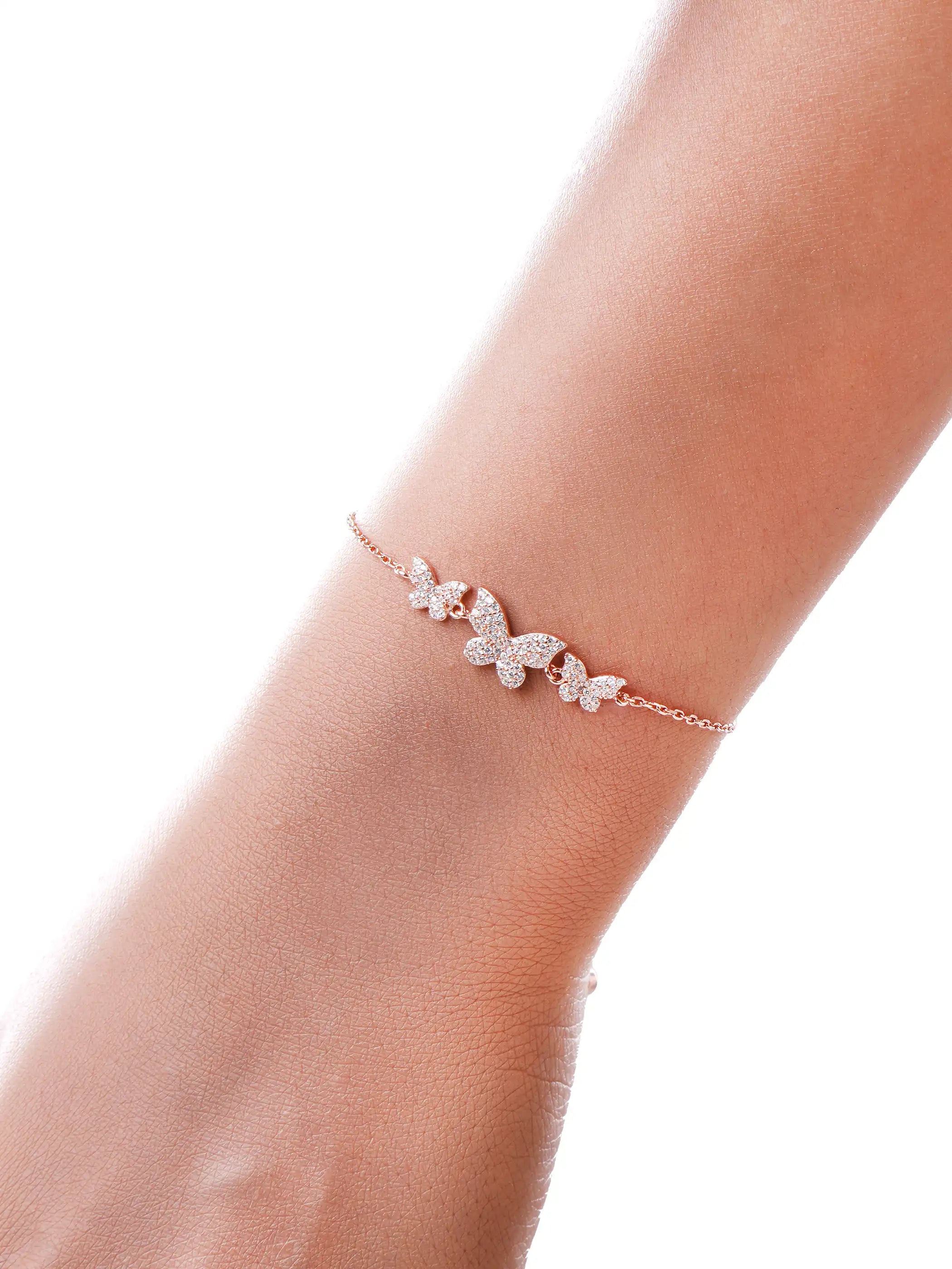 925 silver rose gold plated bracelet with three crystal-studded butterfly charms on delicate adjustable chain