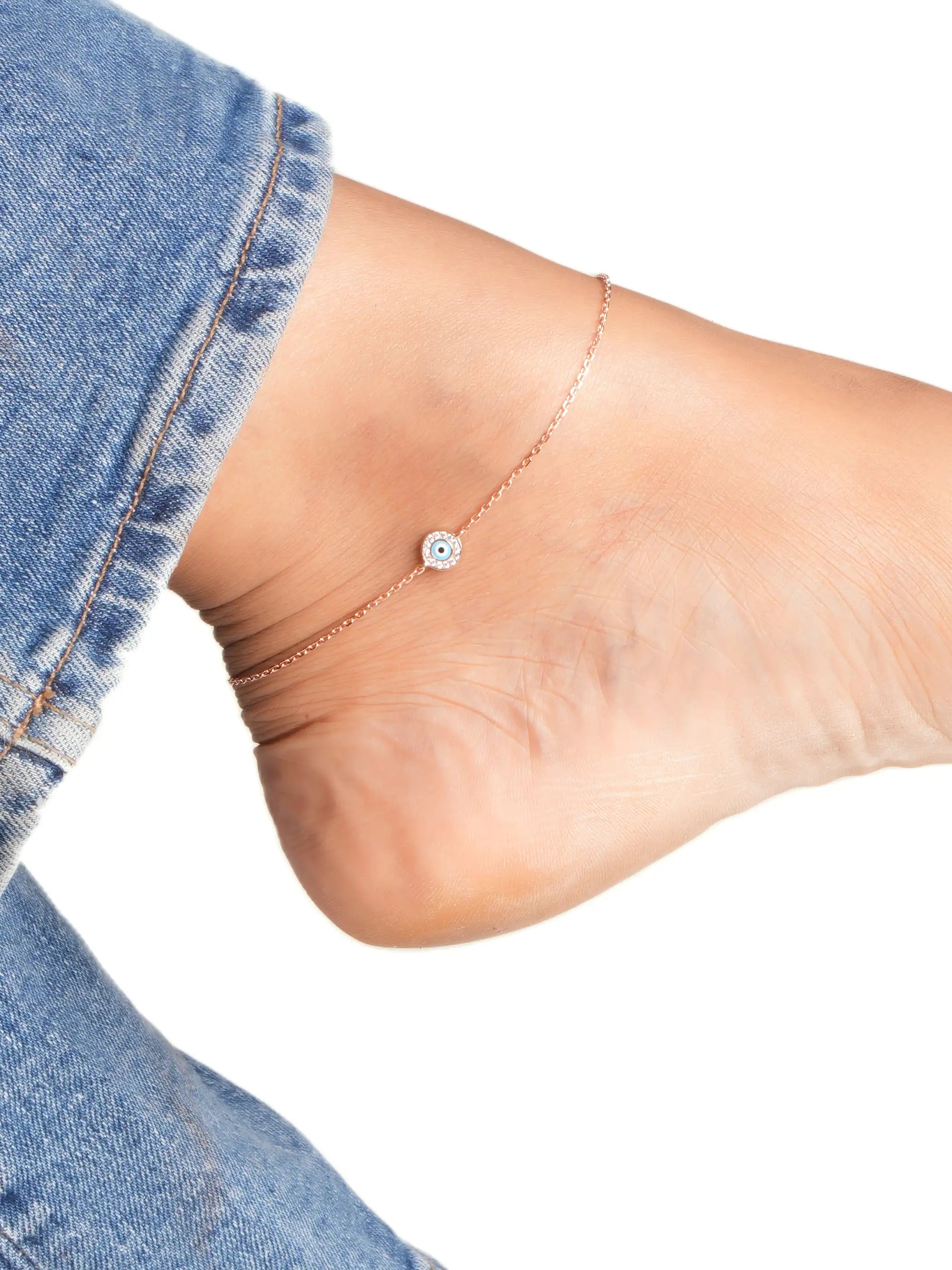 925 silver rose gold plated necklace with evil eye pendant, accented with blue enamel center and cubic zirconia border