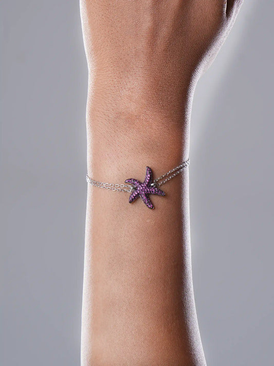 925 silver bracelet with pink stone-studded starfish charm and dual chain design