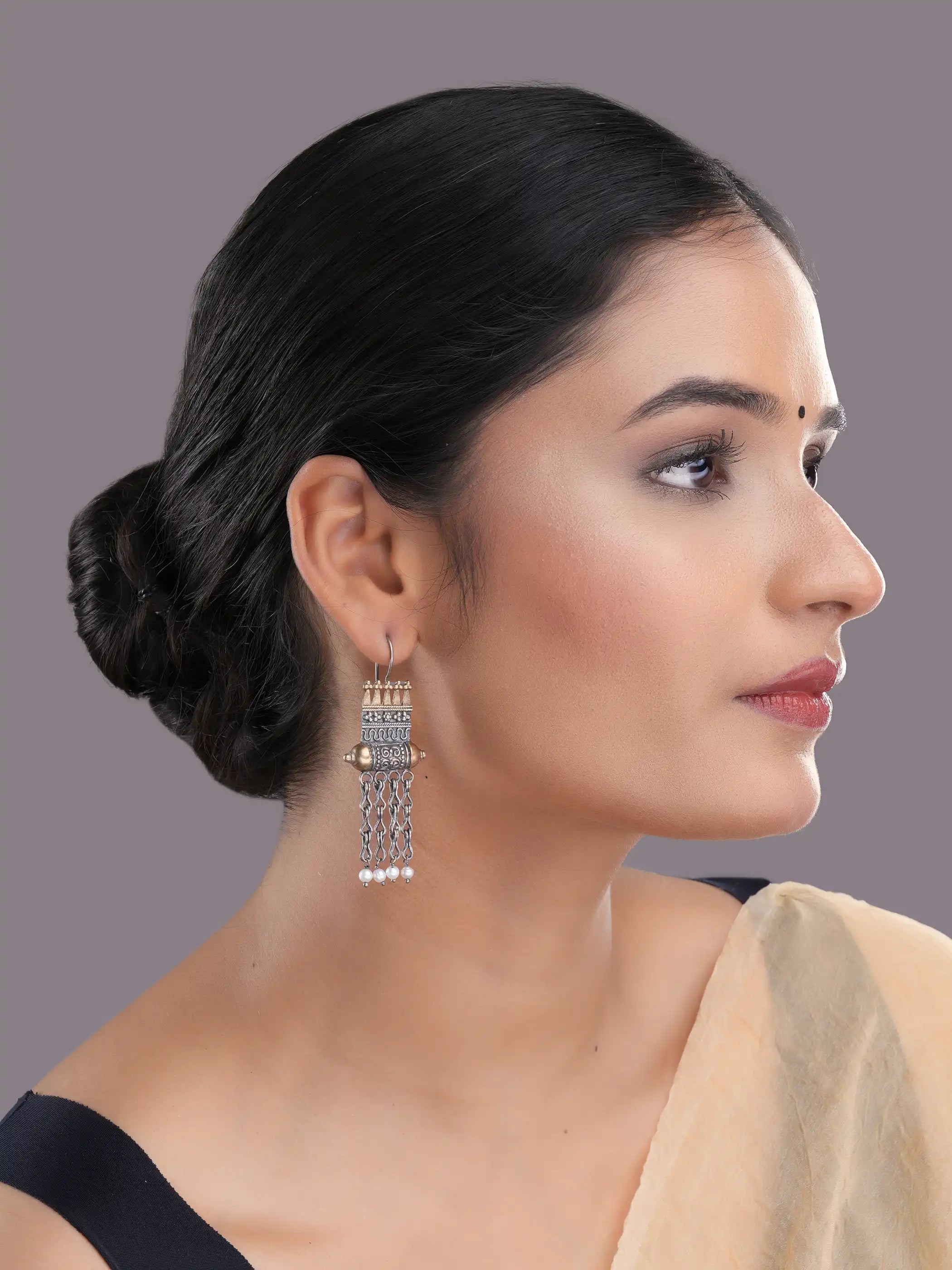 925 silver temple motif drop earrings with gold accents, oxidized detailing, and dangling pearl chains