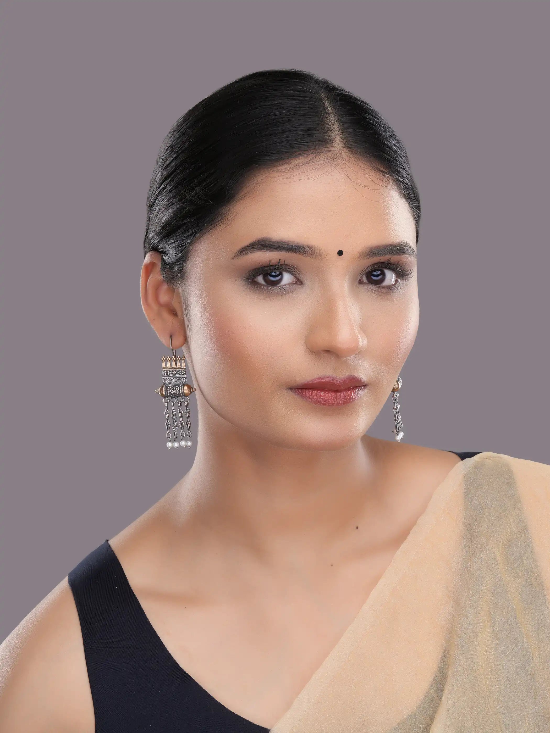 925 silver temple motif drop earrings with gold accents, oxidized detailing, and dangling pearl chains