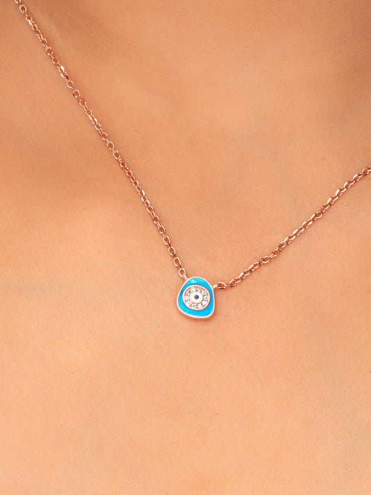 925 silver rose gold plated necklace with a blue evil eye pendant encircled by crystals on a delicate chain for everyday protection and style